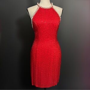 Vintage 80s Red Silk Beaded Pearl Oleg Cassini Black Tie Cocktail Dress Glam 2
